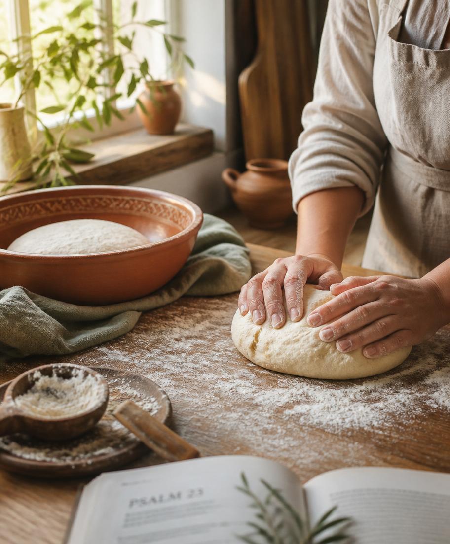 Hands kneading bread dough in the Lifted by Grace kitchen